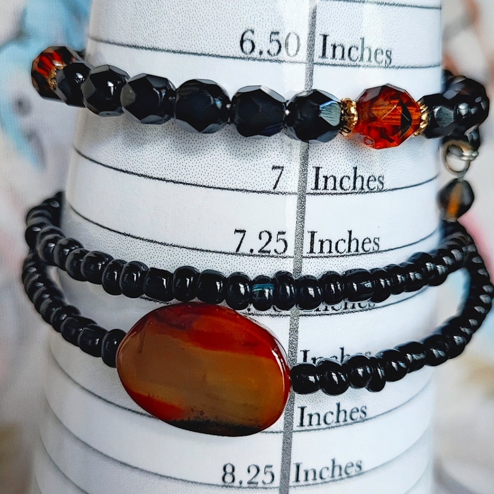 2 Black Beaded Glass Topaz Agate Fire Opal Pair of Memory Wire Bracelets